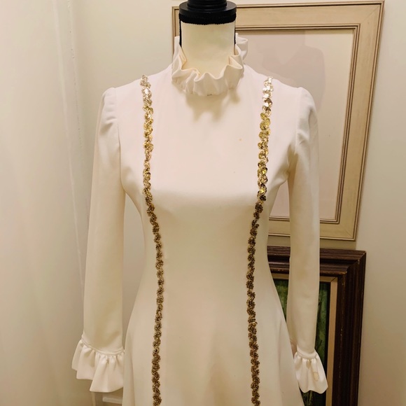 White Formal Dress With Ruffle And Gold Sequins - Picture 2 of 8